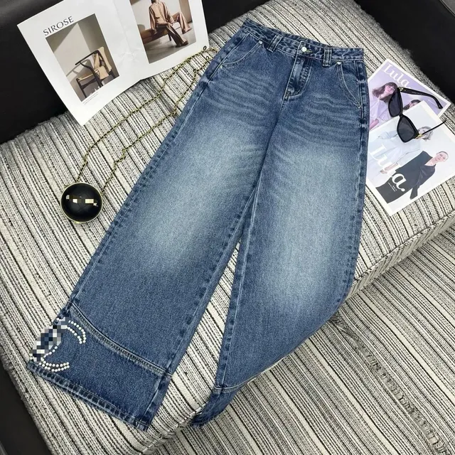 Chanel Denim Trousers Pearl-Embellished Cuff