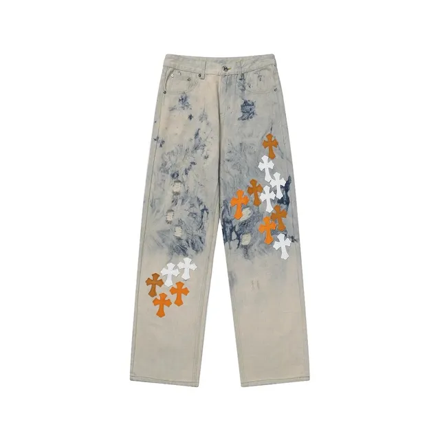 Chrome Hearts Cross Patch Jeans Acid Wash with Embroidered Crosses