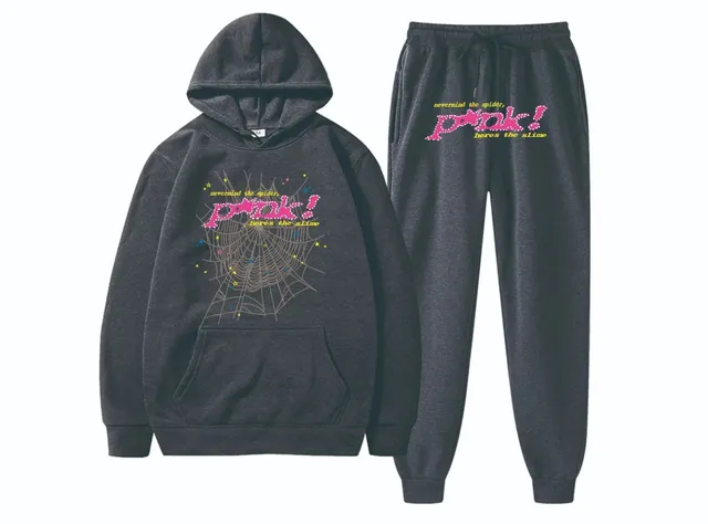 Sp5der Hoodie and Joggers Set Spider Web Pink Logo
