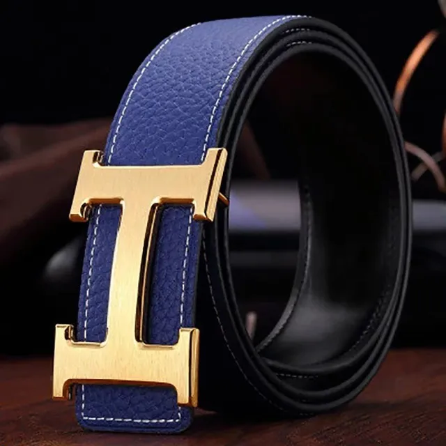 Hermès H Belt Blue Leather with Gold Buckle
