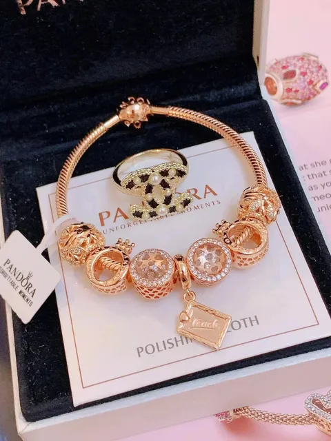 Pandora Snake Chain Bracelet Charm Set with CC Motif Ring and Teach Charm