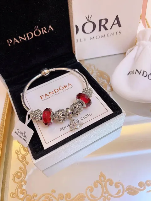 Pandora Charm Bracelet Red Crystal & Floral Charms
