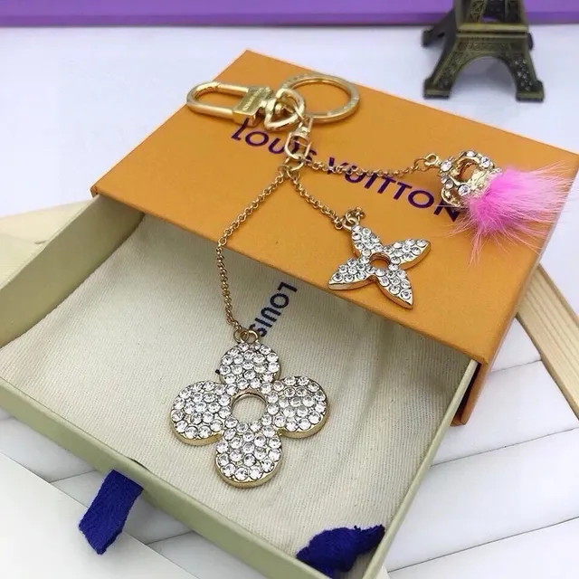Louis Vuitton Flower Keychain Crystal-Embellished with Pink Pompom