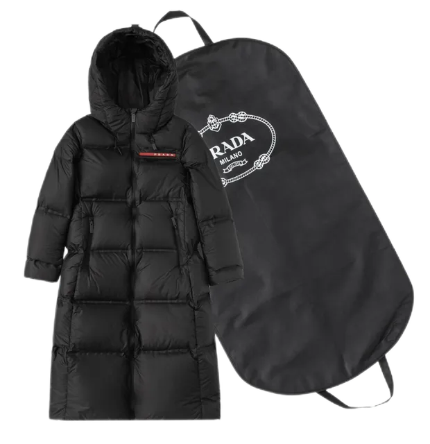 Prada Long Puffer Coat Black with Red Logo Tape