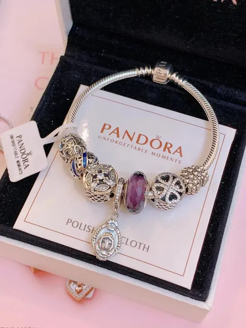 Pandora Snake Chain Bracelet Charms with Purple Crystal and Enamel