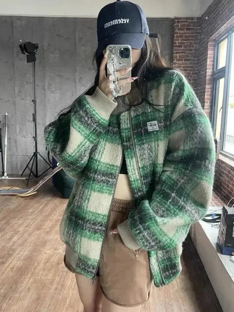 Stüssy zip-up jacket green and beige plaid fuzzy zip-up jacket