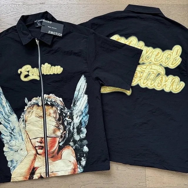 Mixed Emotion Zip-Up Shirt Blindfolded Angel Print