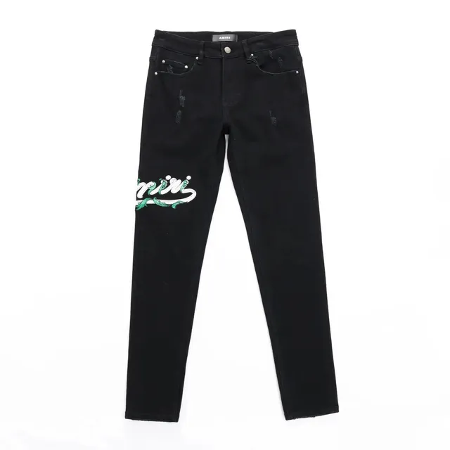 Amiri Embroidered Slim Fit Jeans Black with Green/White Logo Embroidery