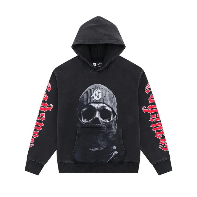 Skull Hoodie Washed Black with Red Sleeve Print