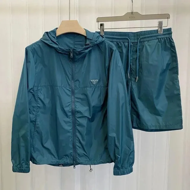 Prada Hooded Windbreaker and Shorts Set Teal Nylon