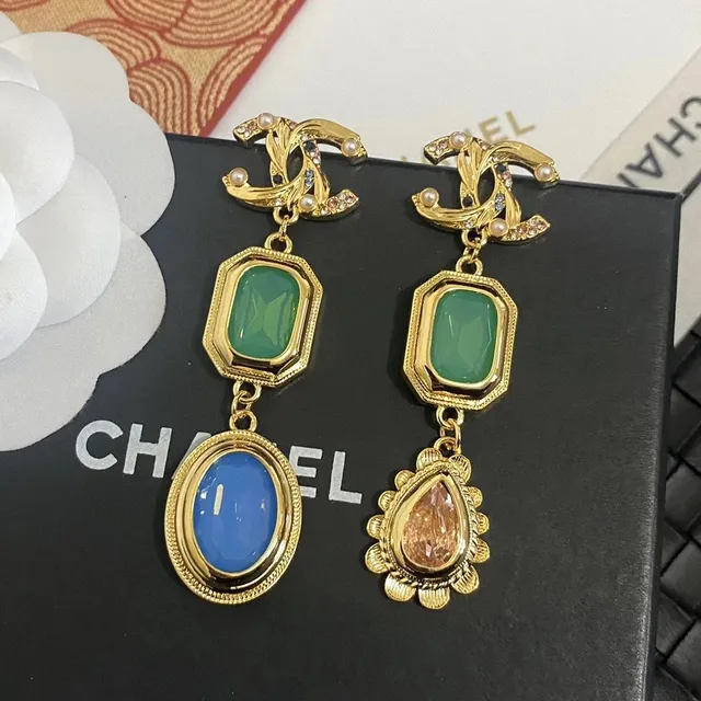 Chanel Double Logo Earrings Multi-Stone Drop