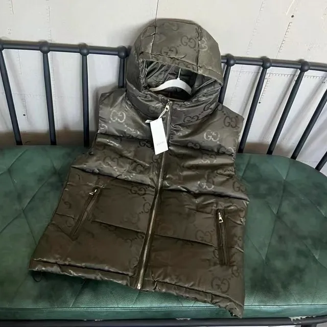 Gucci Logo-Print Hooded Puffer Vest Olive Green GG Monogram