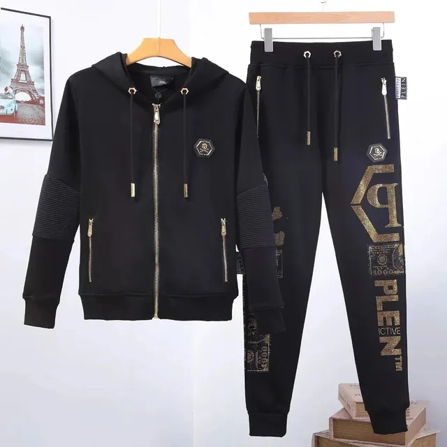 Philipp Plein Zip-Up Hoodie and Joggers Set Gold Skull Logo & Lettering