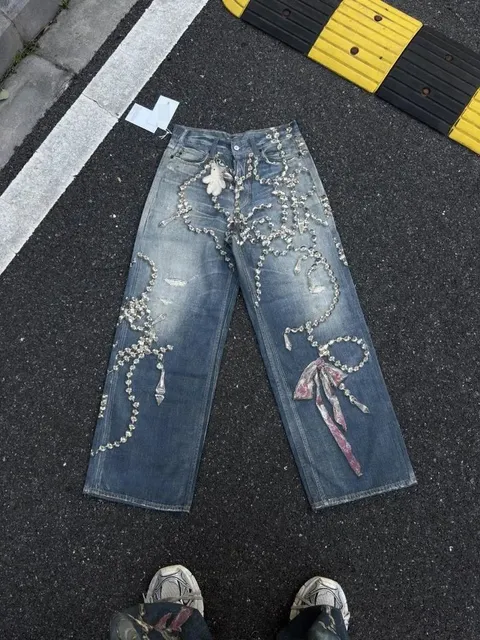Denim Tears Distressed Jeans Crystal Chain Embellished