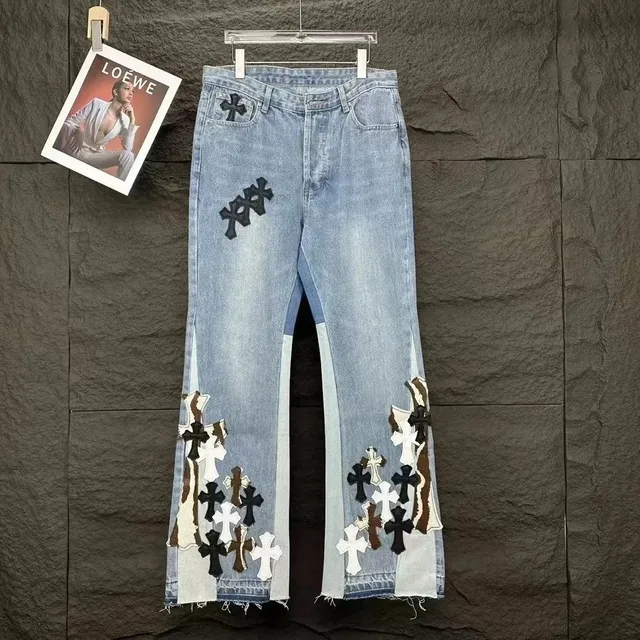 Chrome Hearts Cross-Embroidered Jeans Distressed Flare with Cross Patches