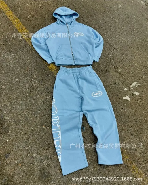 Corteiz Zip-Up Hoodie and Joggers Set Light Blue with White Logo Print