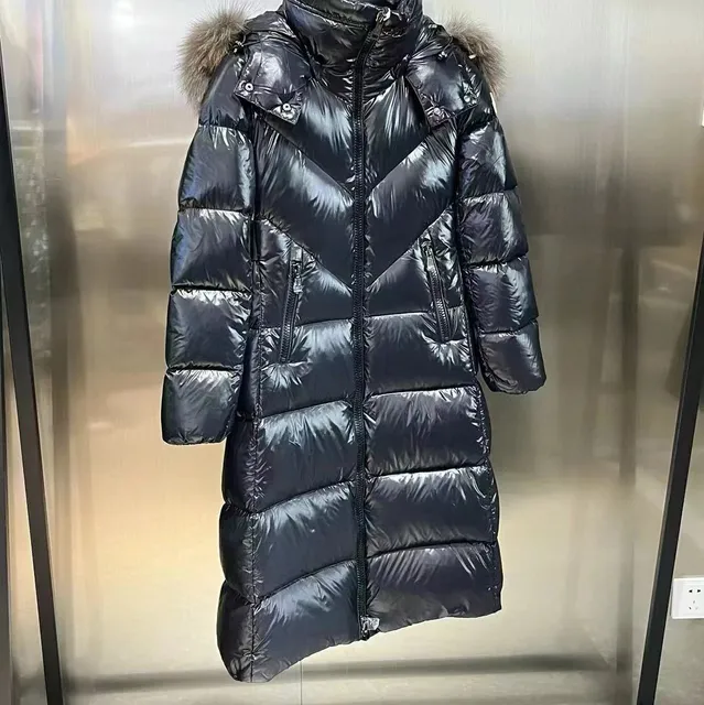 Moncler Long Puffer Coat Glossy Nylon with Fur Trim