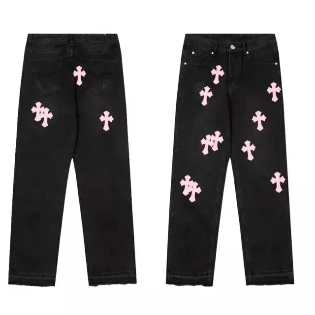 Chrome Hearts Cross Patch Jeans Black with Pink Cross Patches
