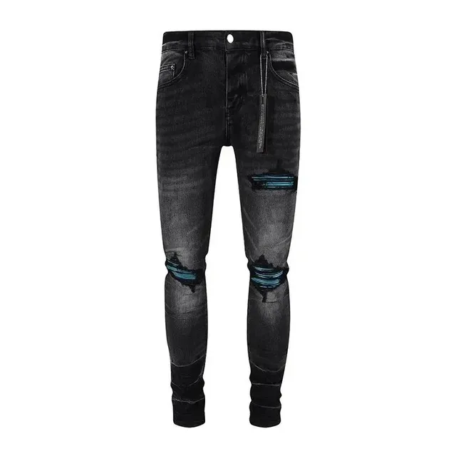 Amiri Distressed Skinny Jeans Black with Teal Accents