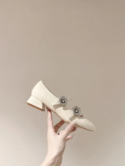 Mary Jane Heel Crystal Flower Embellished