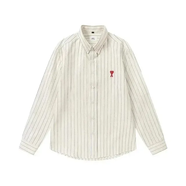AMI Paris Striped Button-Up Shirt Red Heart Embroidery
