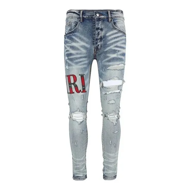 Distressed Slim Fit Jeans Tiger Stripe Wash with Red Logo