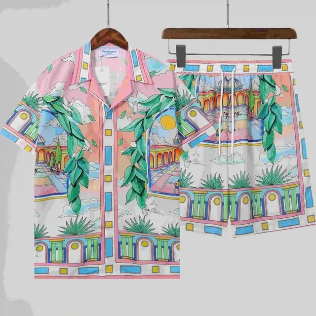 Casablanca Printed Camp Shirt and Shorts Set Architectural Garden Print