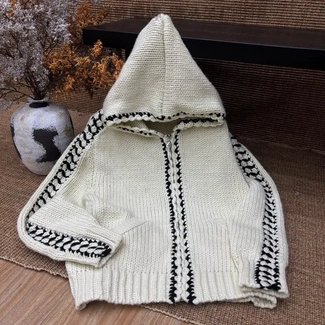 Hooded Knit Cardigan Contrast Trim