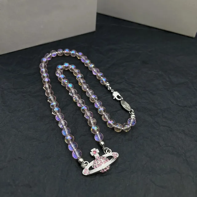 Vivienne Westwood Orb Necklace Iridescent Bead with Pink Crystal Orb