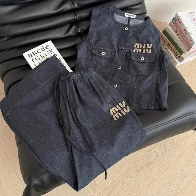 Miu Miu Denim Vest and Joggers Set Embroidered Logo