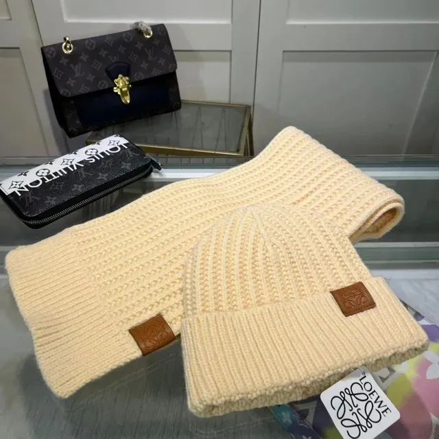 Loewe Knit Beanie and Scarf Set Ribbed Knit with Leather Patch