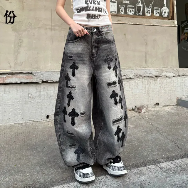 Chrome Hearts Wide-Leg Distressed Jeans Cross-Embroidered