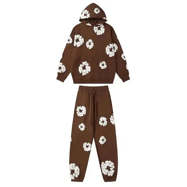 Floral Appliqué Hoodie and Joggers Set Brown with White Floral Embellishments