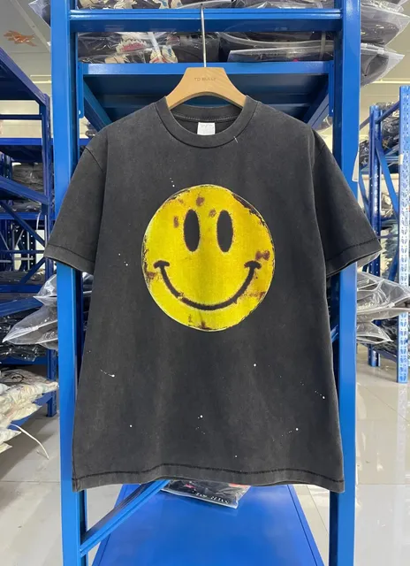 Saint Michael Smiley Face Tee Distressed Yellow Graphic