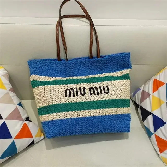 Miu Miu Striped Straw Tote Logo Stripe