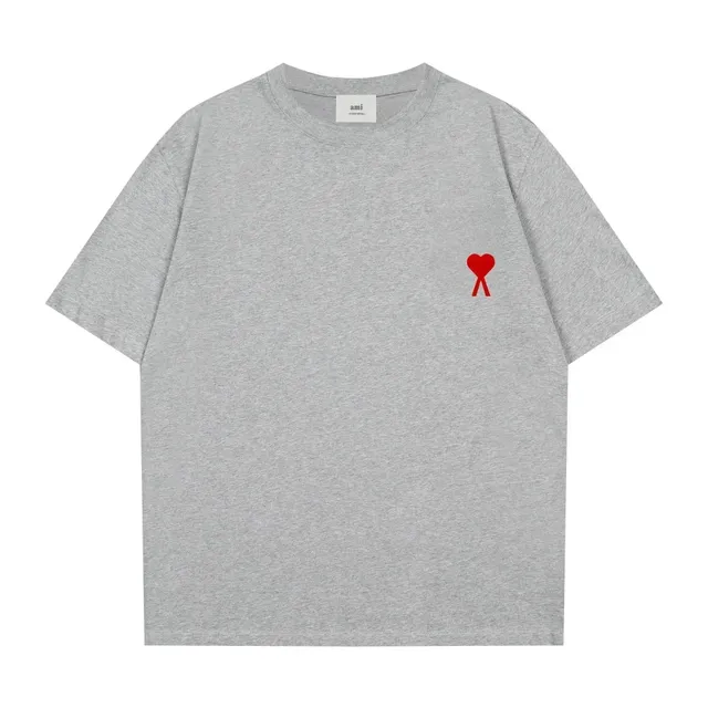 AMI Paris Heart Logo Tee Heather Grey with Red Heart