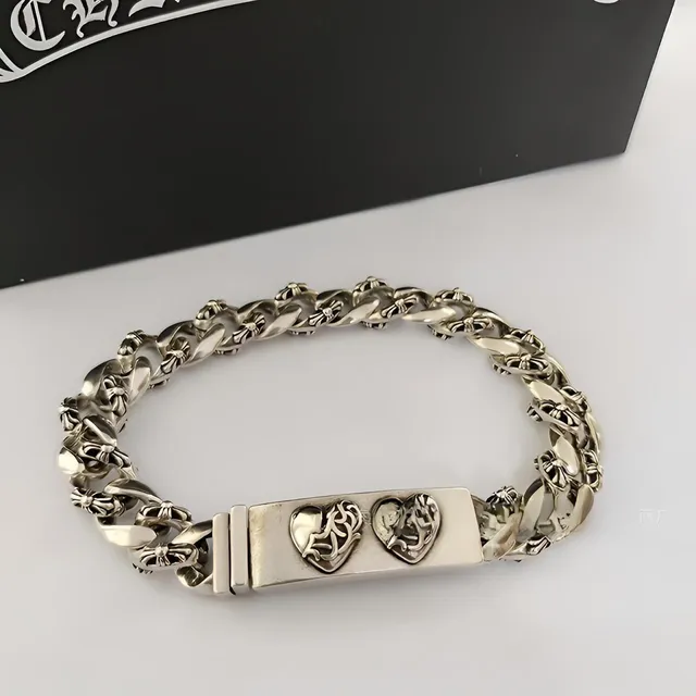 Chrome Hearts Curb Chain Bracelet Double Heart Plate