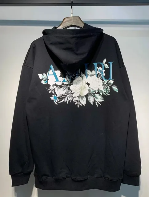 AMI Paris Floral Logo Hoodie Black with Teal and White Floral Print