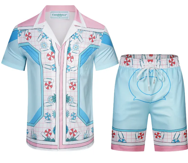 Casablanca Printed Short-Sleeve Shirt and Shorts Set Beach Motif Grid Print