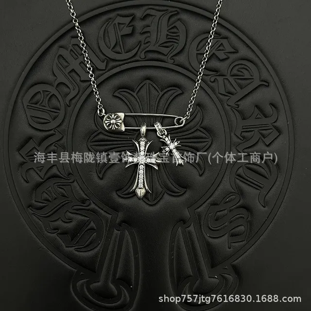 Chrome Hearts Cross Pendant Necklace Crystal-Embellished Safety Pin
