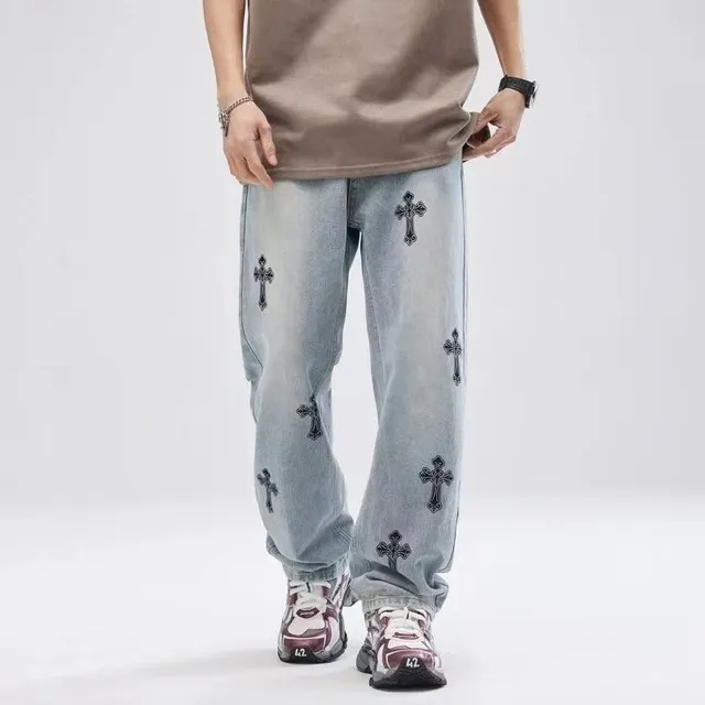 Chrome Hearts Cross Embroidered Jeans Light Wash with Black Crosses