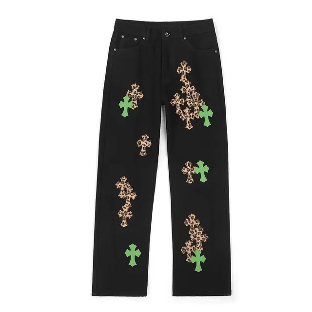 Chrome Hearts Cross Patch Jeans Leopard & Green Cross Appliqué