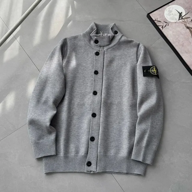 Stone Island Button-Up Cardigan Grey Knit with Compass Patch