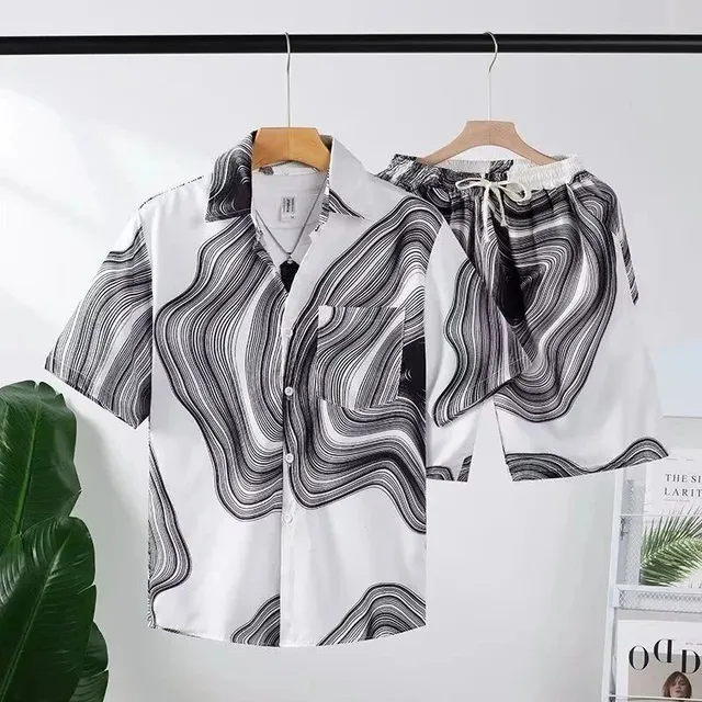 Printed Shirt and Shorts Set Wavy Line Print