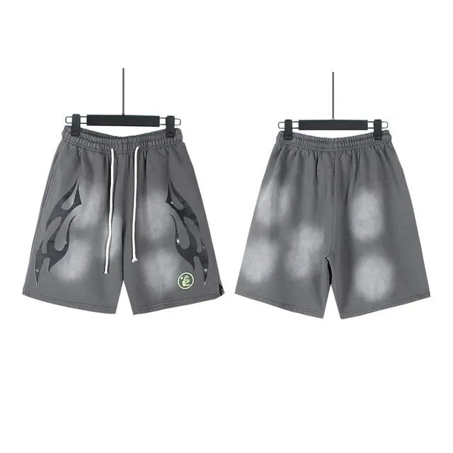 Hellstar Flame Print Shorts Washed Grey with Flame Graphic