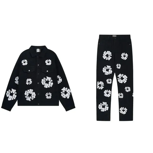 Balenciaga Floral Print Denim Set Black with White Floral Motif
