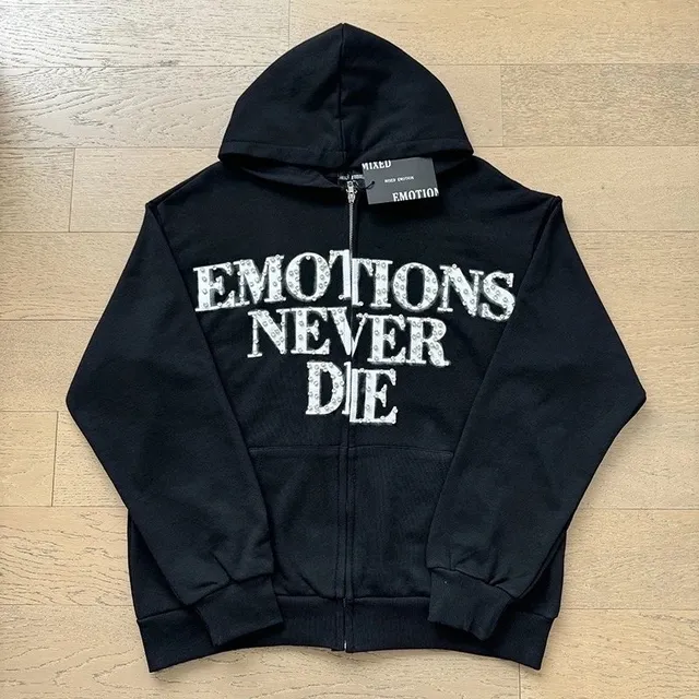 Mixed Emotion Zip-Up Hoodie Emotions Never Die Lettering