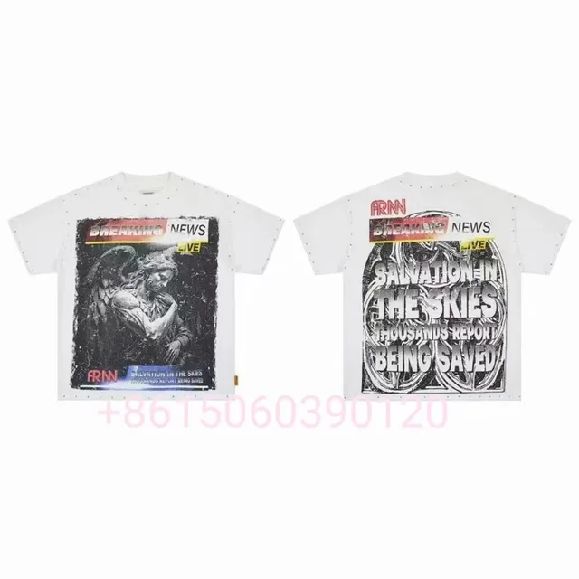 First Row graphic t-shirt white with rivet details and news-themed print