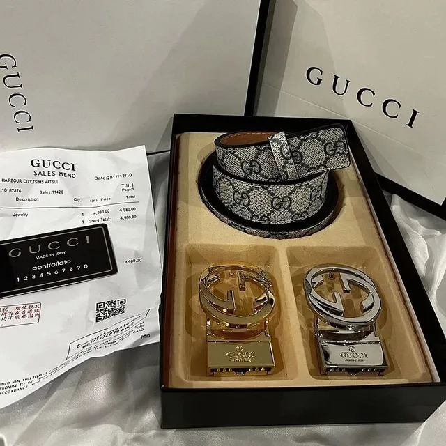 Gucci GG Marmont Belt Web Stripe with Interlocking G Buckles