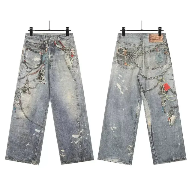 Distressed Denim Trousers Chain-Adorned, Paint-Splattered